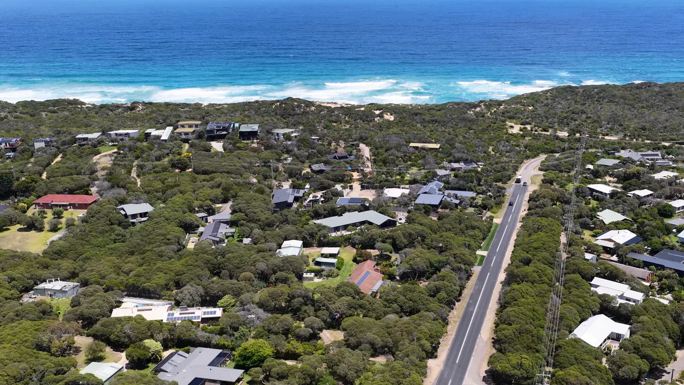 Coastal homes among native trees near the beach, seen from the air